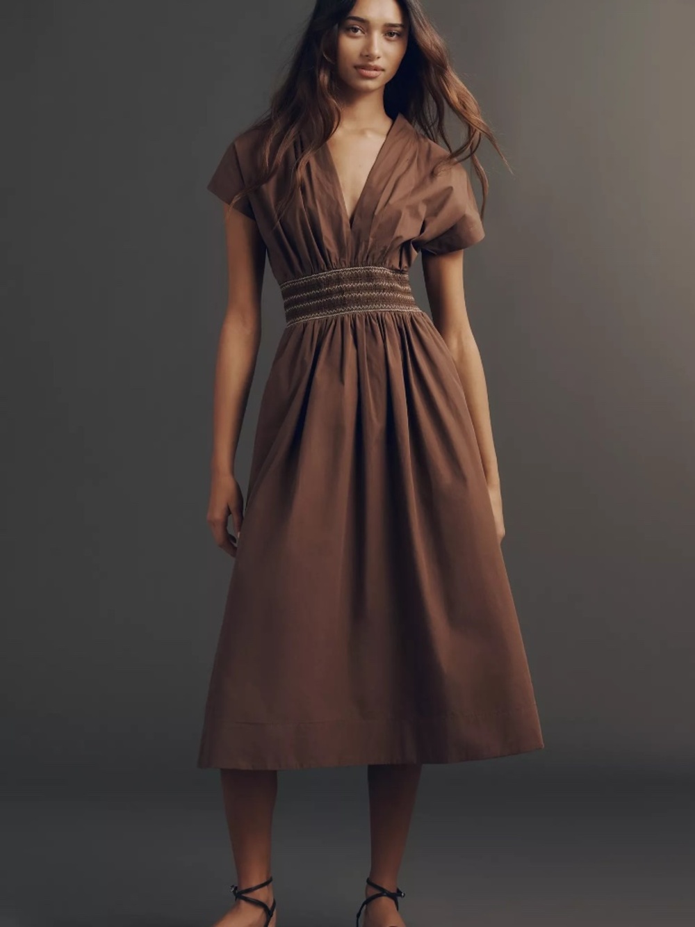 By Anthropologie Smocked Cotton Poplin Midi Dress Brown Size S